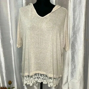 H.I.P. Women’s Medium Hooded Short Sleeve Tan Lace Hem V Neck Semi Sheer Top